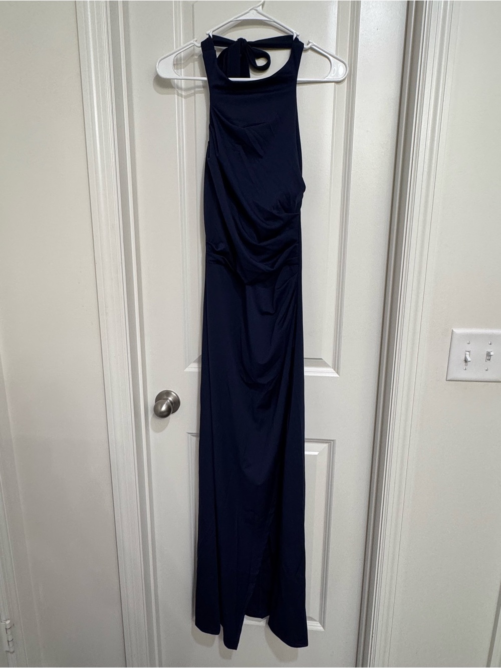 Navy Halter Evening Dress with Tie Neck